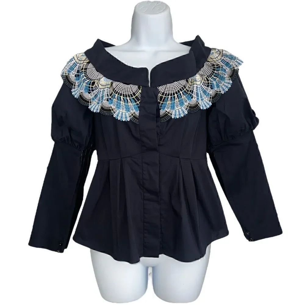 PETER PILOTO Navy Cotton Lace Detail Off Shoulder Top Size 6UK US 2
